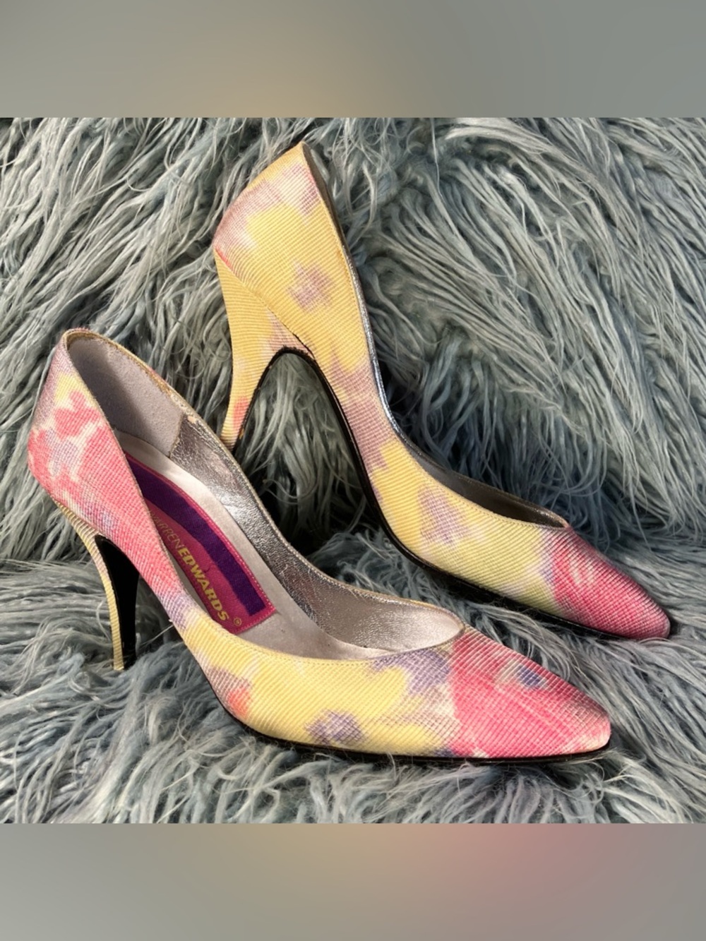 Vtg 80s Susan Bennis colorful pastel floral abstract watercolor splatter heels 5